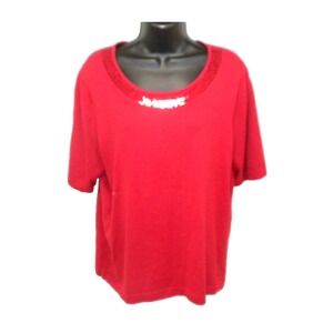 Quacker Factory Womens‎ Sweater L Red Knit Sequin Round Neck Elbow Sleeve